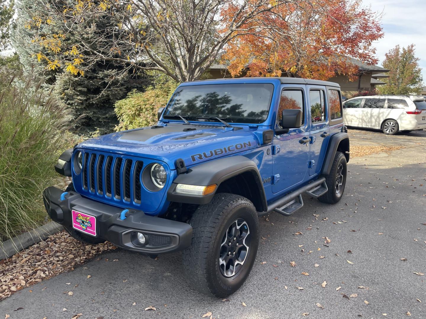 2023 Blue /Black Jeep Wrangler Unlimited Rubicon 4XE (1C4JJXR60PW) with an 2.0L L4 DOHC 16V HYBRID engine, 8A transmission, located at 813 E Fairview Ave, Meridian , ID, 83642, (208) 336-8230, 43.618851, -116.384010 - 2023 Jeep Wrangler Rubicon 4XE super cool plug in hybrid, with factory lifetime warranty on the Battery. So have fun with the Wrangler and get great MPG as well.- Photo#1